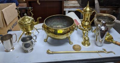 Mixed brass, silver plate and pewter to include a Victorian brass tea kettle on stand, circular bowl