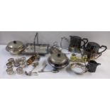 A mixed lot to include a silver plate Victorian four piece tea service, napkin rings, cutlery, an