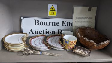 A mixed lot to include a Ralph Curry burr elm bowl, Christofle Meat Skewers, porcelain dishes