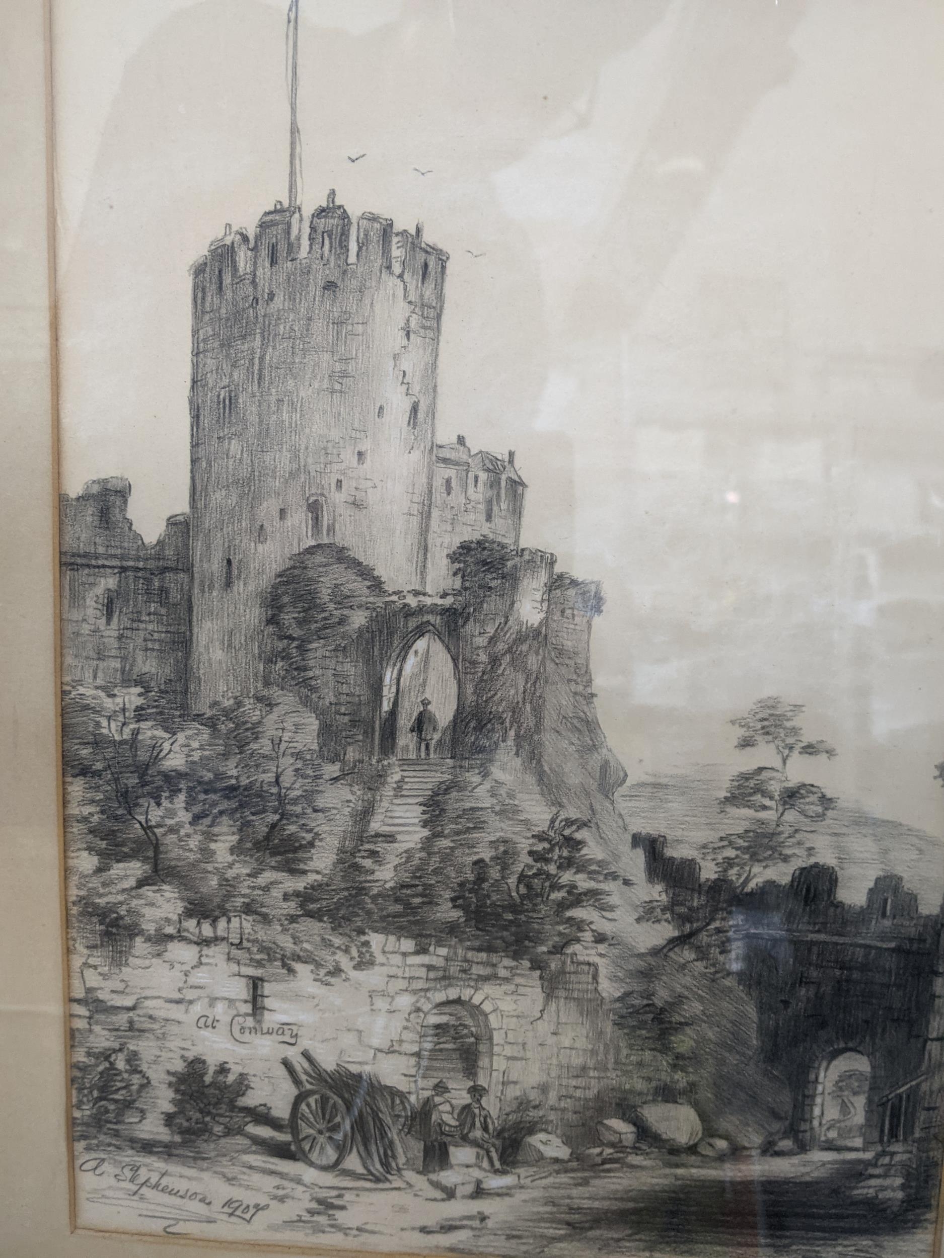 Three pencil drawings, one of Conway castle, one of Chillon Castle in Veytaux - Switzerland and - Image 6 of 8