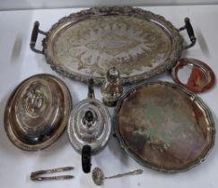 Silver plate to include a twin handled tray, an entre dish, sugar caster and other items Location: