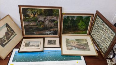 Pictures to include PC Evans a river two scenes, oil on canvas, antique prints, river scene