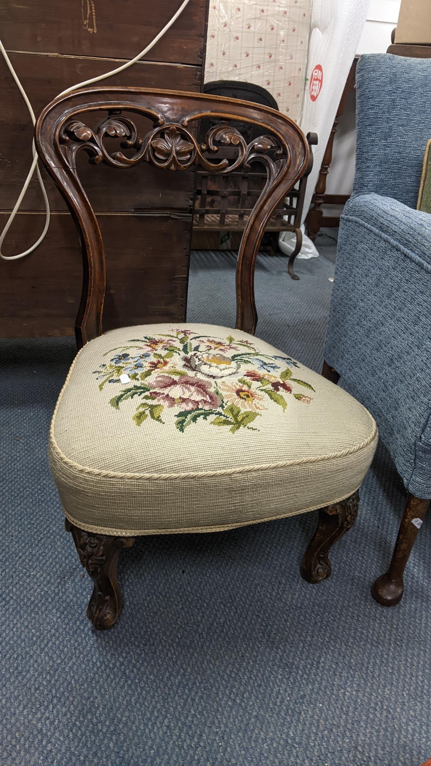 A Victorian nursing chair together with a Victorian footstool and an early 20th century low armchair - Image 2 of 4