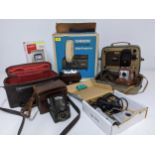 A selection of vintage film and digital cameras to include a Koroll Benamie film 120 leather cased