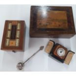 An early 20th century cribbage box, a white metal tea infuser and a Tunbridgeware box of a