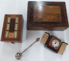 An early 20th century cribbage box, a white metal tea infuser and a Tunbridgeware box of a