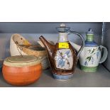 Studio pottery to include two wine flasks, a lidded pot and bowl in the shape of a duck Location: