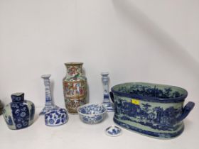 A selection of modern and reproduction Chinese blue and white ceramics to include a footbath/planter