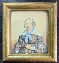 T Waters - 19th century half-length portrait of a woman, watercolour, 13cm x 11.5cm framed Location: