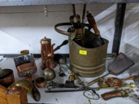 A selection of brass and copper items to include two Austrian Hagenauer style figures, retailed by