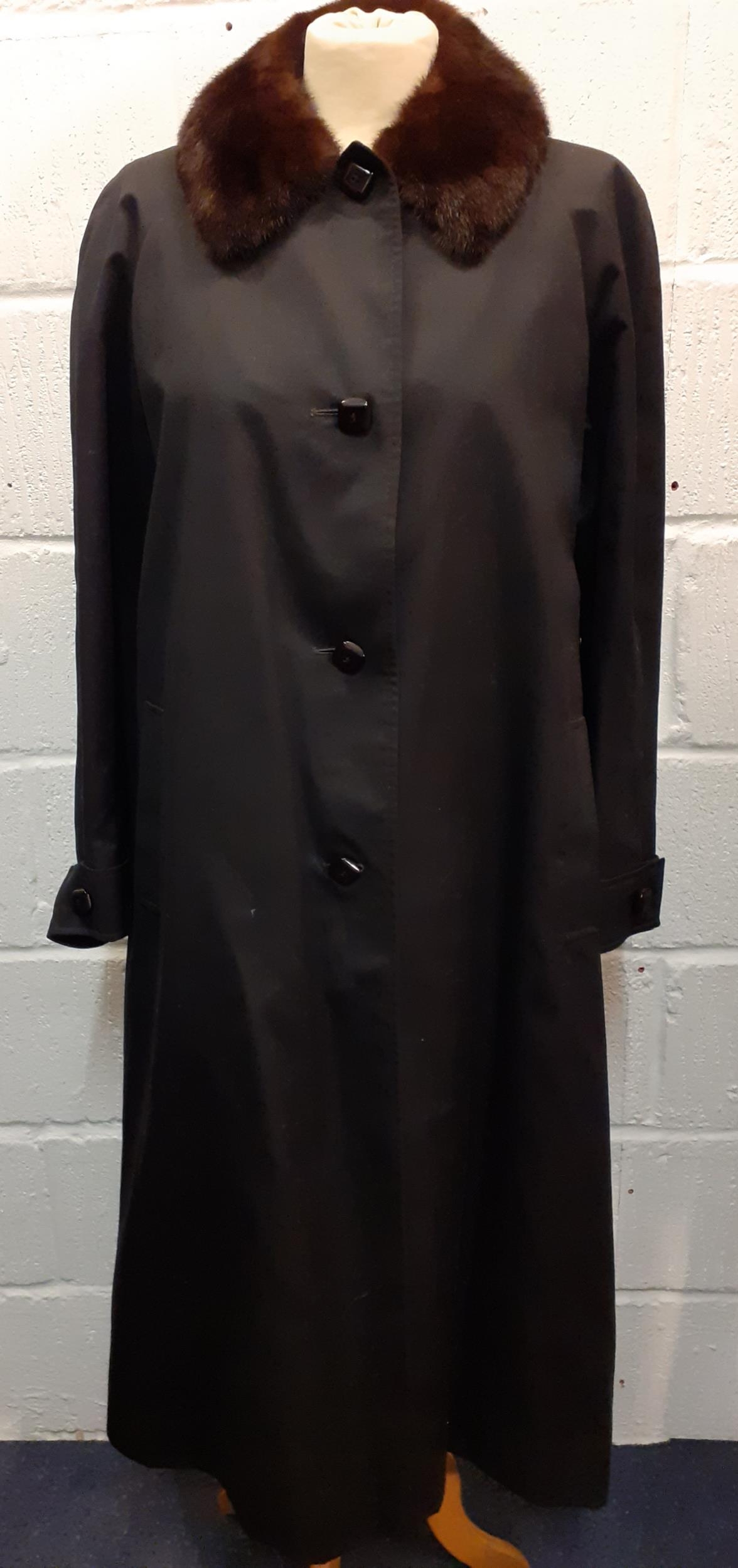 Aquascutum-A vintage Aqua 5 ladies full length black raincoat with brown mink collar and black