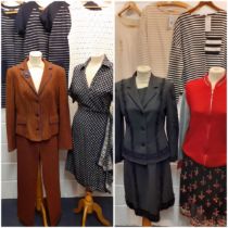 A quantity of ladies clothing to include an Etro brown trouser suit with lilac trim and vintage