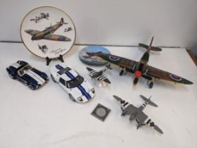 Mixed collectables to include Corgi Spitfire and a larger example, related picture plates, Corgi