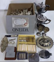 Silver plate to include cutlery, flatware, teaware, a hip flask, condiments and other items