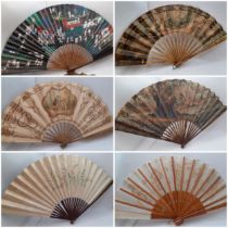Five early to mid 20th Century paper and fabric fans to include an Oriental black paper fan with