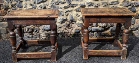 A pair of early 20th century oak joint stools on turned block legs Location: G