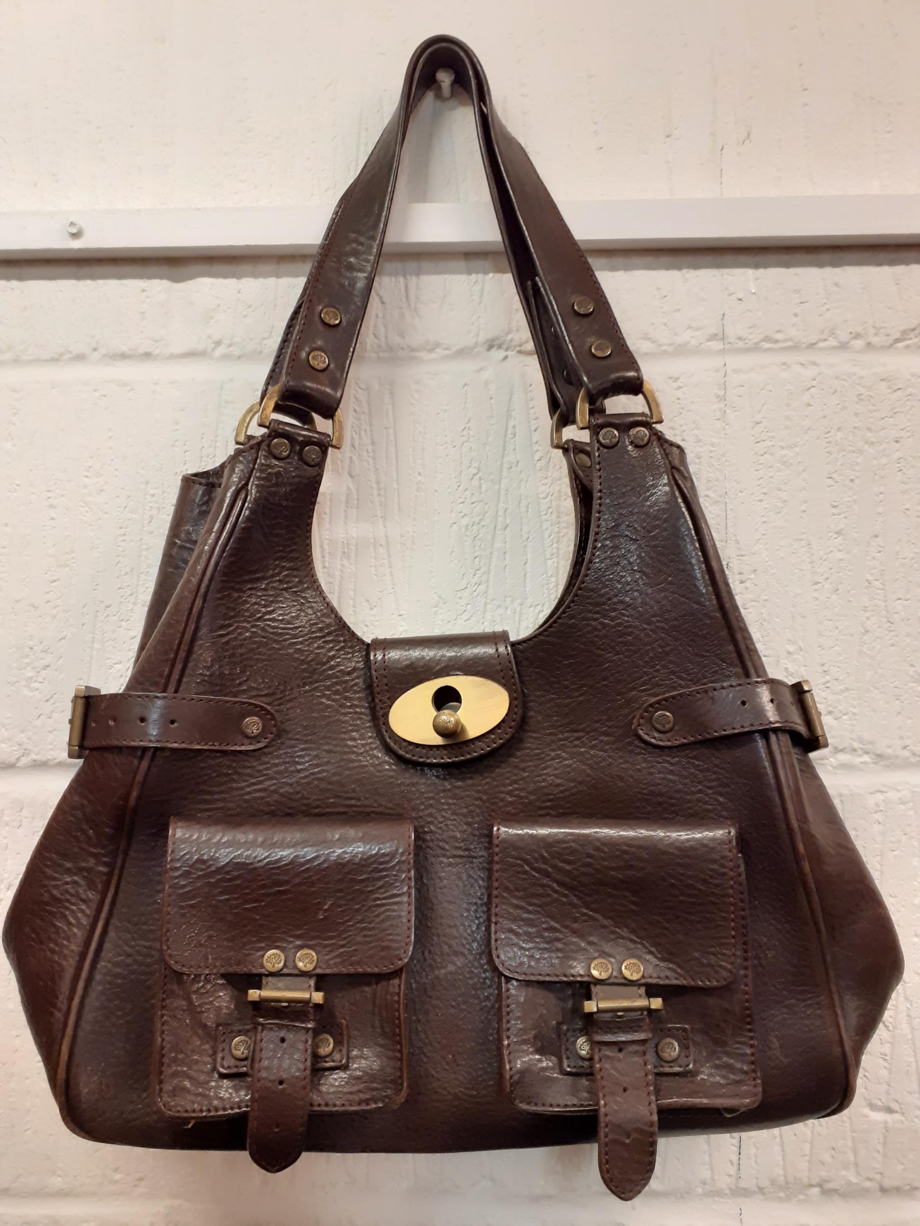 Mulberry-An early 2000's dark brown textured leather 'Annie' shoulder bag having brushed gold tone