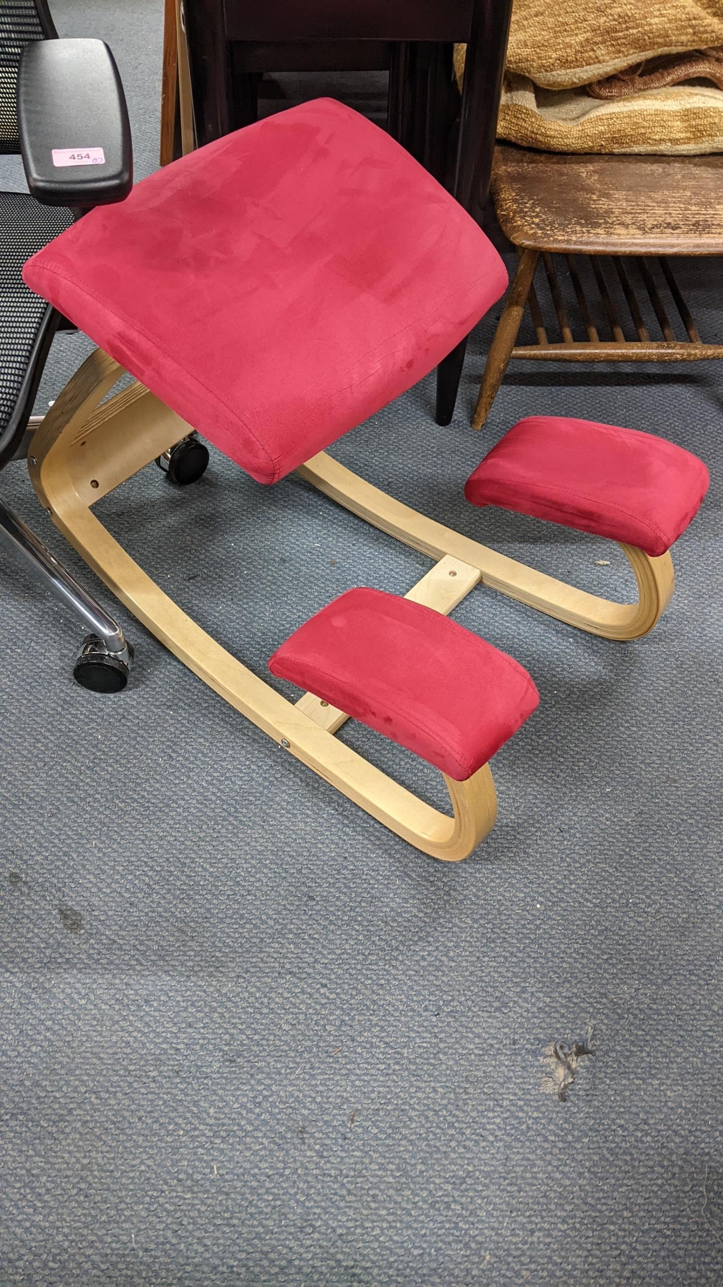 One swivel chair with armrests on castors, together with one keeling chair upholstered in red fabric - Image 4 of 4