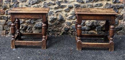 A pair of early 20th century oak joint stools on turned block legs Location: G