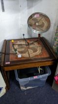 A pair of mid 20th century tile topped occasional tables together with a mirror and a coat rack