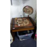 A pair of mid 20th century tile topped occasional tables together with a mirror and a coat rack