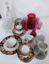 Ceramics and glassware to include a Cranberry jug and beakers, a tea set, a Japanese tea set and