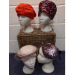 A quantity of 12 vintage hats to include 1940's turbans and formal hats by Jacoll, all housed in a