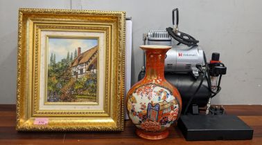 Elizabeth A - a cottage garden scene, oil on canvas, signed and dated 99, a Satsuma vase and a