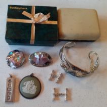 Two silver and abalone brooches, a pair of silver tone cufflinks, a silver and Wedgwood green