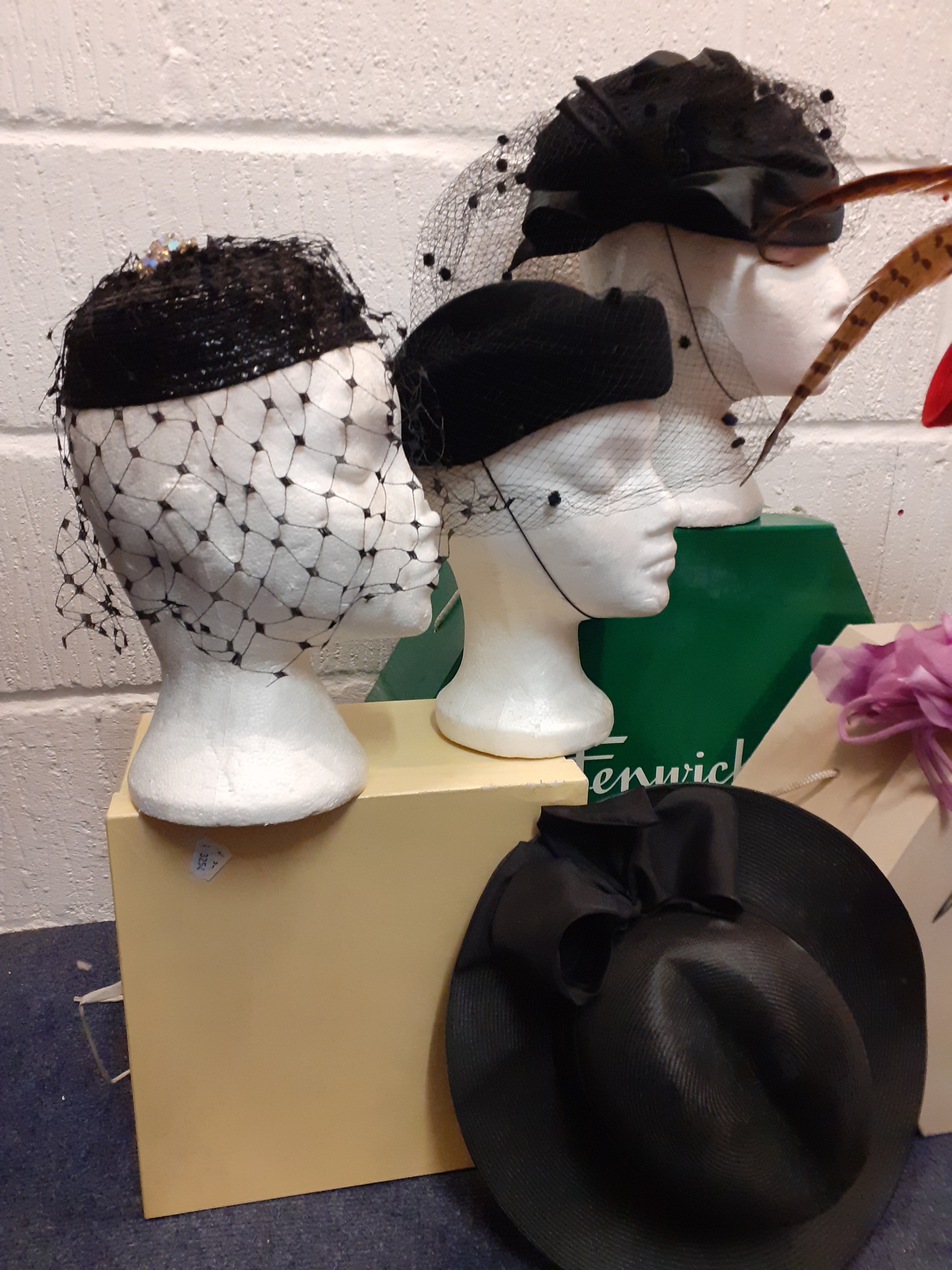 A quantity of 20th Century hats comprising a Philip Somerville black silk hat with net and bow - Image 3 of 5