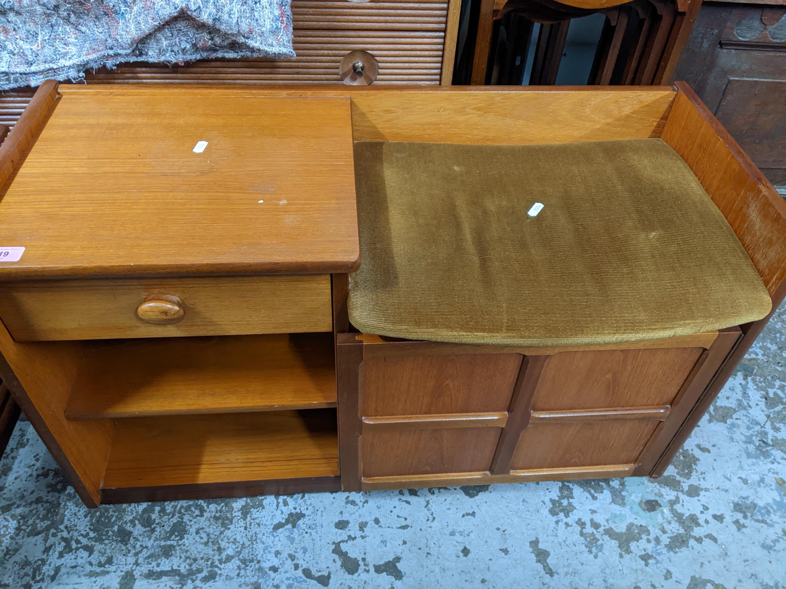 A mid-century teak coffee table with undertier, a teak telephone seat with drawer, open shelves, and - Image 4 of 4