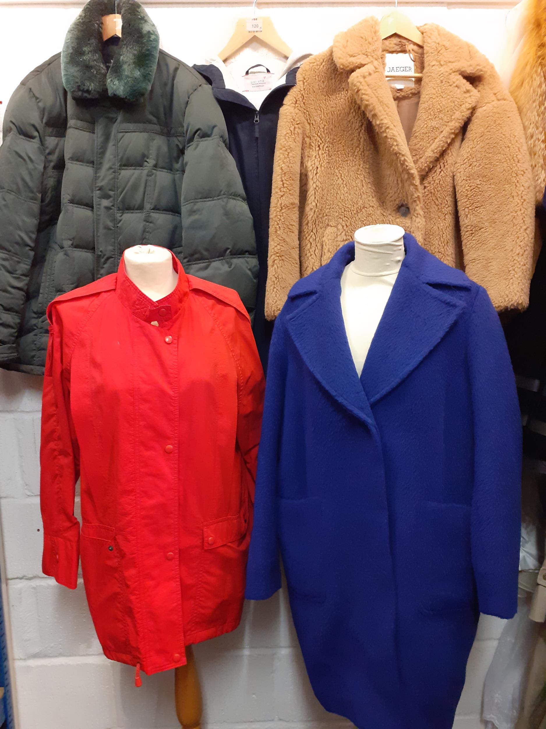 A group of ladies coats and jackets to include a red Danimac raincoat, a M&S cobalt blue alpaca