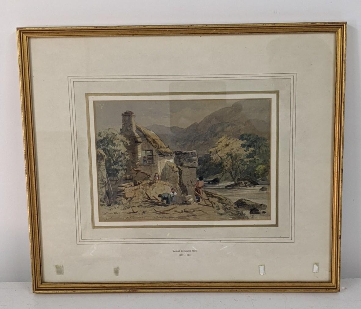 Samuel Gilhespie 1822 -1911 attributed watercolour depicting a river scene and cottage with people - Image 2 of 4