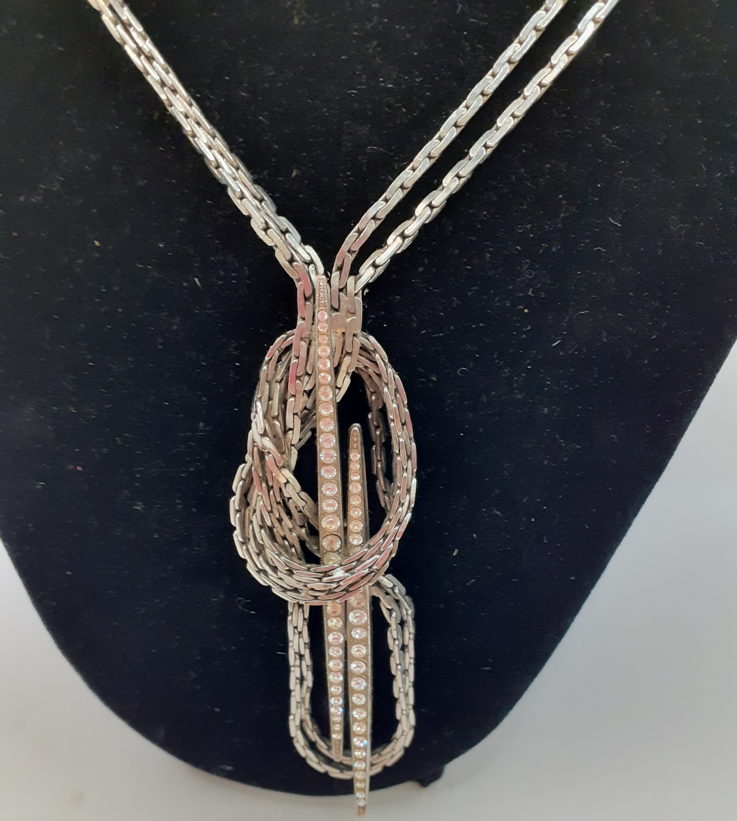 Chanel-A 1999 Autumn Collection silver tone necklace with white crystal detail having a double chain - Image 3 of 4