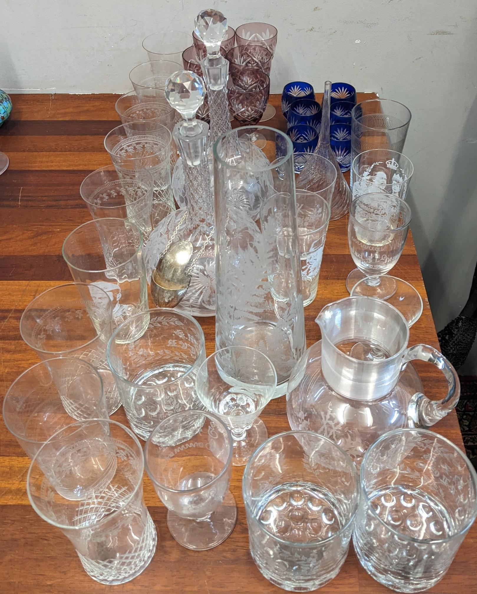 Mixed 19th century and later glassware to include a pair of Victorian etched glass decanters, - Image 2 of 12