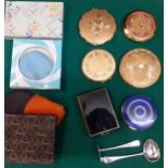 Seven vintage compacts to include Stratton together with a nursery feeding spoon and a pusher in
