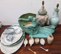 A mixed lot of ceramics to include a Satsuma style lamp without plug, feeding bowls, serving