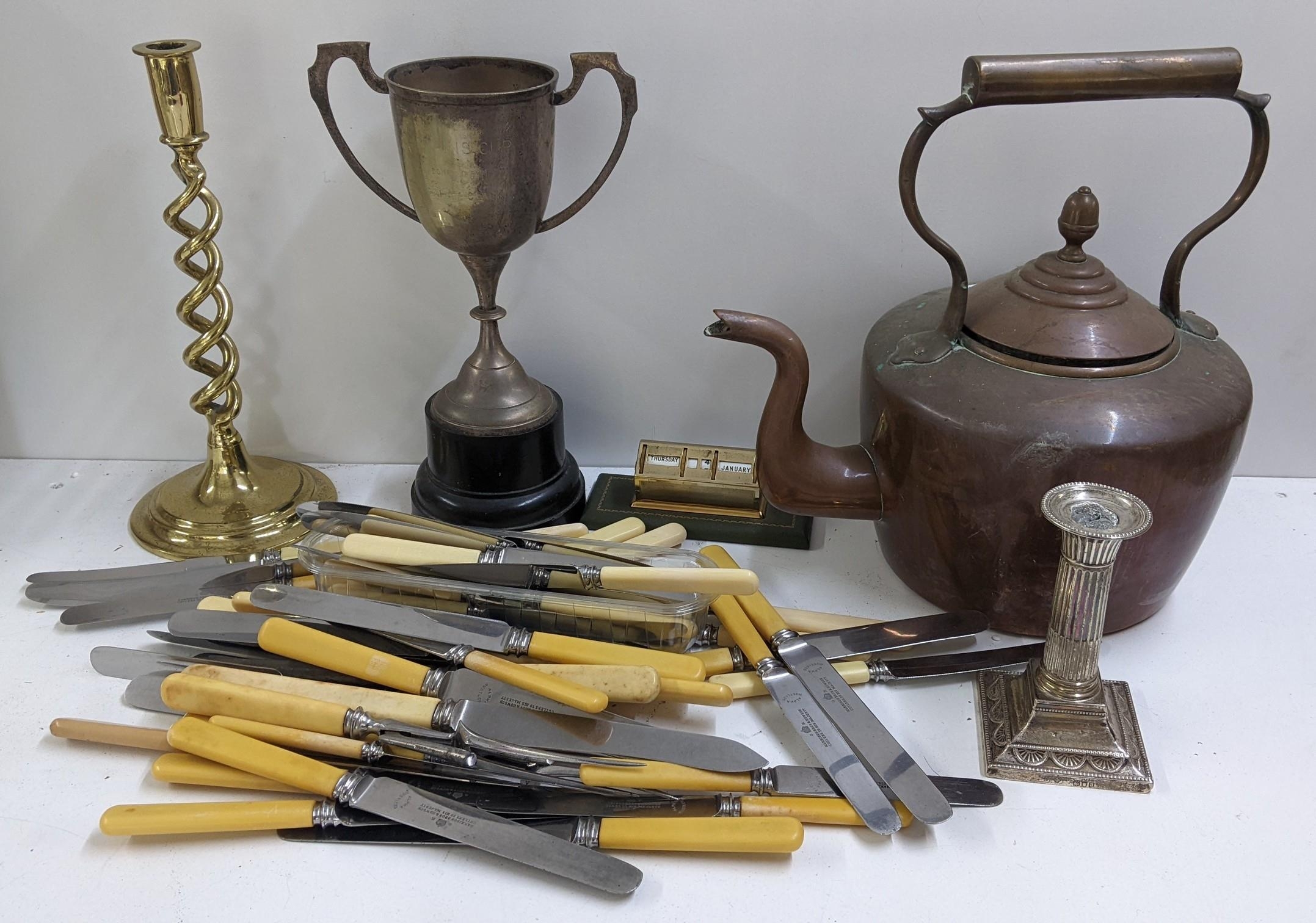 A mixed lot to include a Victorian copper kettle, silver Adams style candlestick, desk calendar