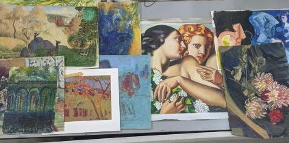 Various paintings on board and canvas to include L Goetz - oil on canvas depicting two females and