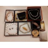 Late 20th century jewellery and later to include a Trifari gold tone necklace with pearlised and