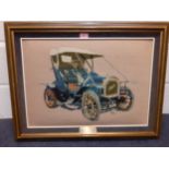 A framed 1979 woollen cross stitch picture of a 1905 Mass Motorcar owned by Lytton P. Farman, worked