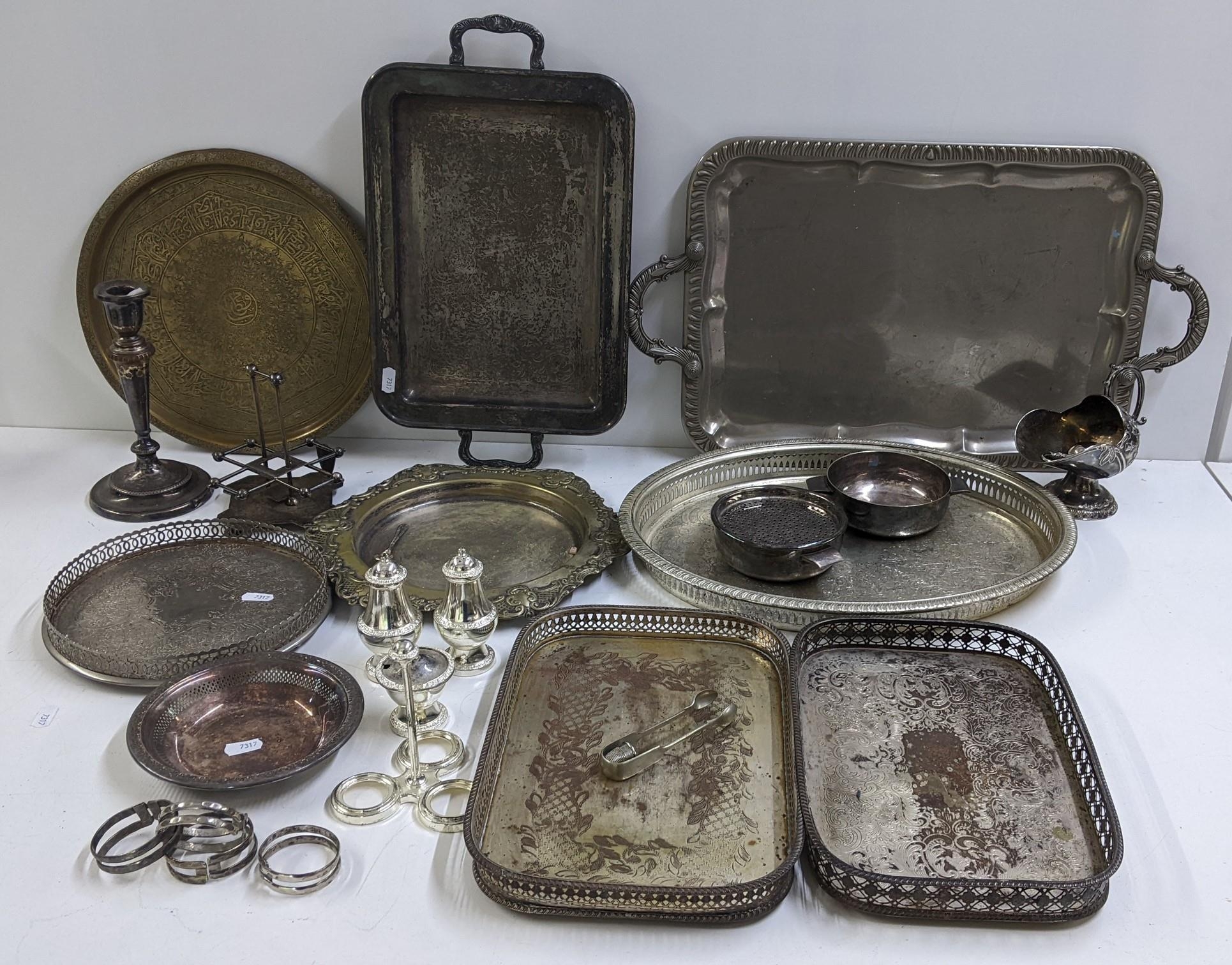 Mixed silver plate to include condiments, twin handled trays and other items Location: - Image 2 of 6