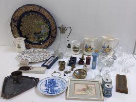 A mixed lot to include a large Japanese charger, claret jug, Arts & Crafts copper tray, costume