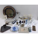 A mixed lot to include a large Japanese charger, claret jug, Arts & Crafts copper tray, costume