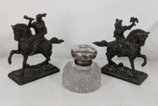 A pair of late 19th century bronze models of figures on horses, a cast model rabbit pin cushion