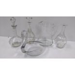 Mixed glassware to include two Baccarat decanters, swan form vase possibly by Whitefriars, and