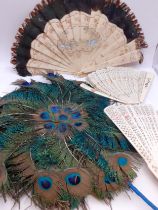 A late 19th/early 20th Century peacock feather fan with blue silk fabric covered handle together