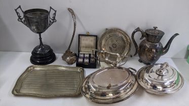 Mixed silver plate to include lidded tureens, trophy boxed napkin rings, teapot and other items