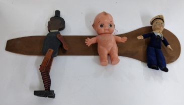 A Cupie doll, a Sailors doll and a vintage painted wooden dancing doll and platform Location: 6:1