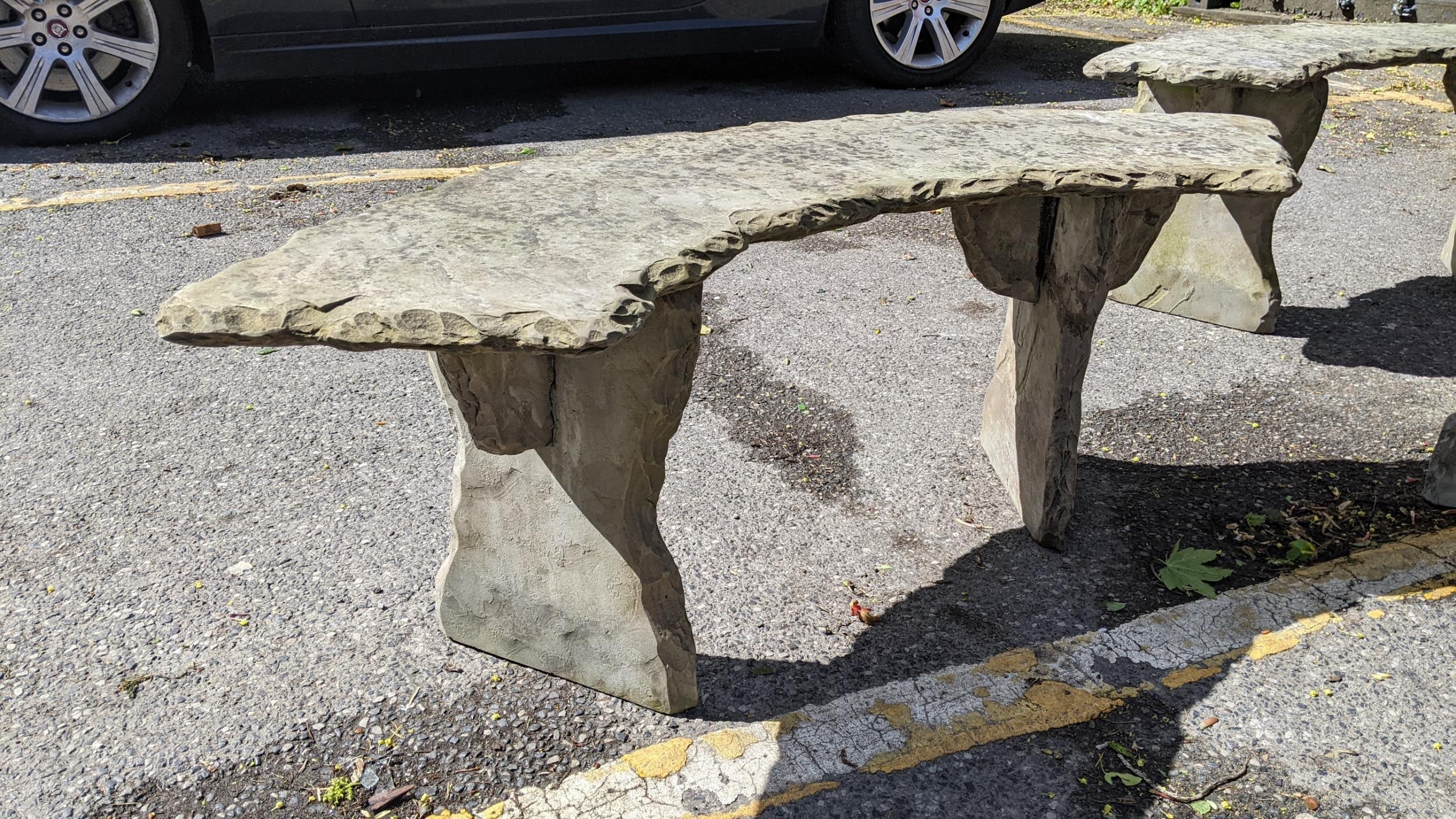 A modern carved slate circular garden table and three benches to - Image 5 of 6